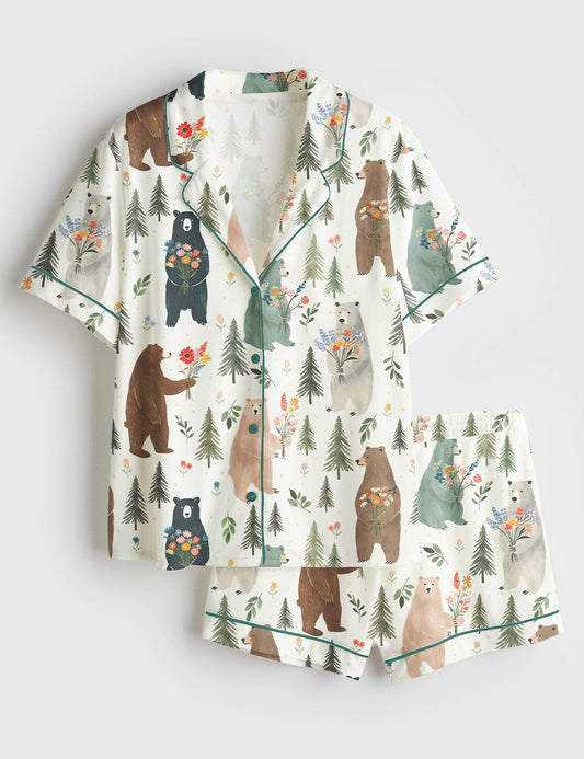 Women’s Bears Floral Pattern Short Sleeve Satin Pajama Set