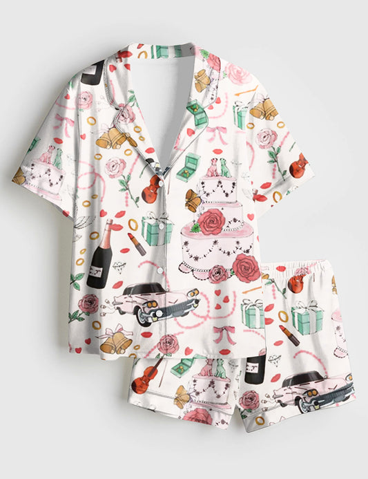 Women’s Whimsical Wedding Short Sleeve Satin Pajama Set