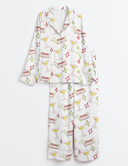 Women’s Dachshund Weenies And Tinis Bachelorette Or Birthday Hot Dogs And Martinis Print Long Sleeve Satin Pajama Set
