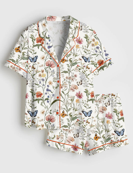 Women’s Wildflower Butterfly Vintage Spring Wildflower Print Short Sleeve Satin Pajama Set