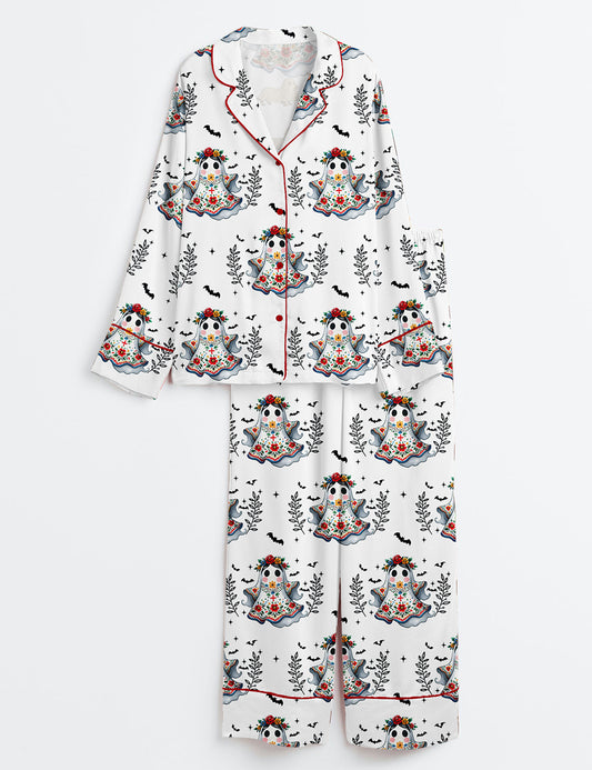 Women’s Espooky Vibes Spooky Ghost Halloween Dia de los Muertos Floral Ghost Long Sleeve Satin Pajama Set