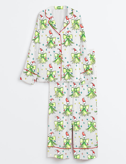 Women’s Coquette Christmas Green Bow Merry Christmas Bow Long Sleeve Satin Pajama Set