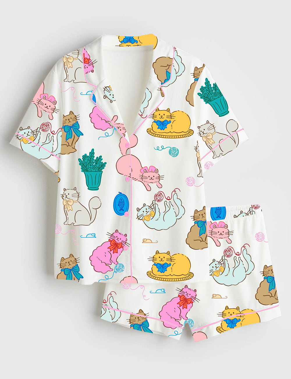 Women’s Colorful Cat With A Bow Playing With Balls Of Yarn And Potted Plant Short Sleeve Satin Pajama Set