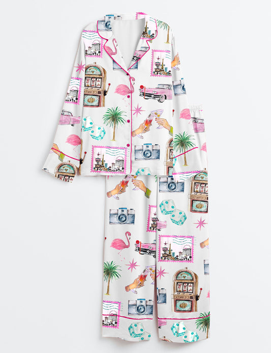 Women’s Las Vegas Bachelorette Cocktail Club Girls Trip Country Club Long Sleeve Satin Pajama Set