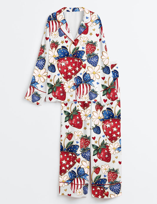 Women’s Boho 4th Of July Preppy Strawberry Patriotic Bow Print Long Sleeve Satin Pajama Set