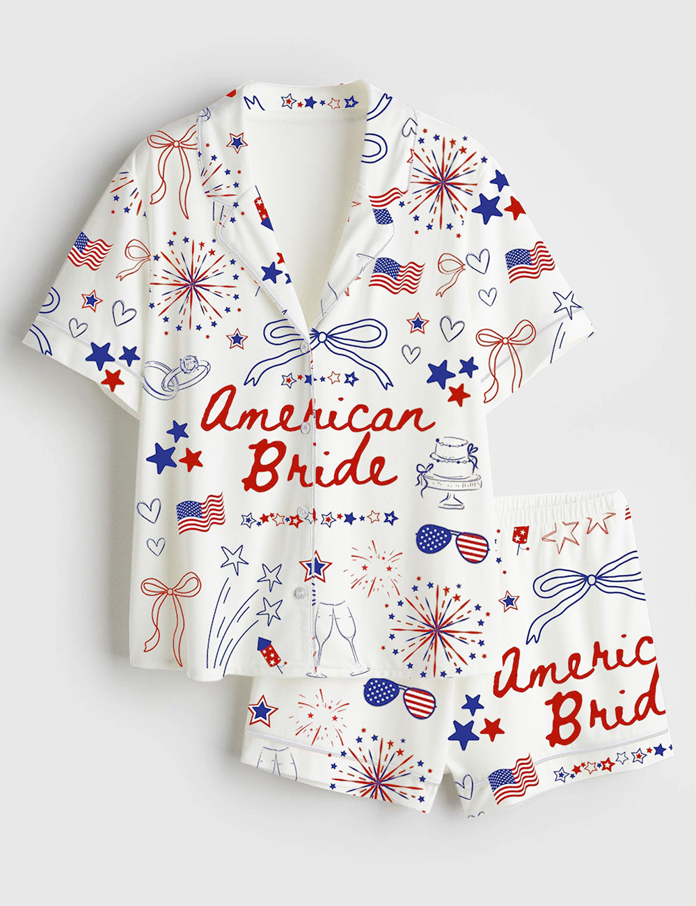 Women’s 4th Of July Bachelorette Party American Bride Coquette Bow Independence Day Patriotic Bride Short Sleeve Satin Pajama Set