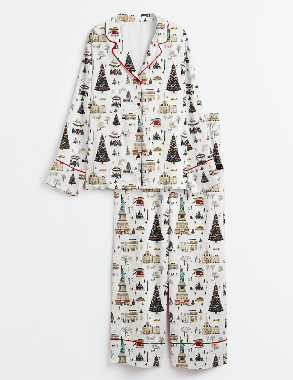 Women’s Christmas Holiday With NYC Landmarks Statue Of Liberty Long Sleeve Satin Pajama Set