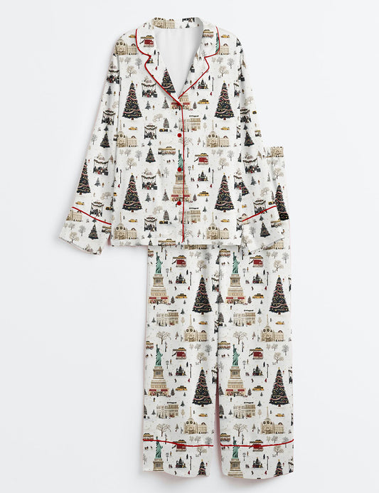 Women’s Christmas Holiday With NYC Landmarks Statue Of Liberty Long Sleeve Satin Pajama Set