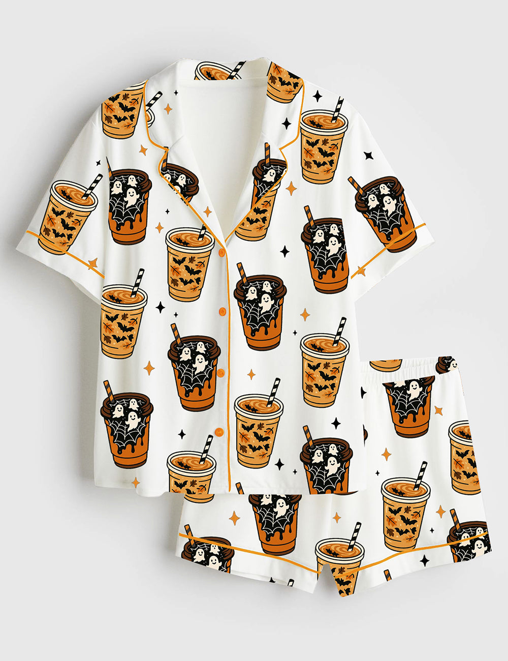 Women’s Freshly Boo’d Coffee Halloween Ghost Coffee Scream And Sugar Short Sleeve Satin Pajama Set