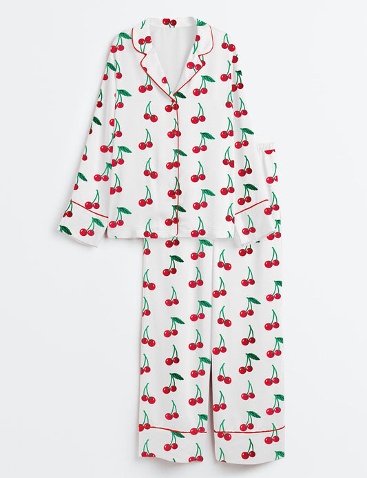 Women’s Cherry Cute Print Long Sleeve Satin Pajama Set