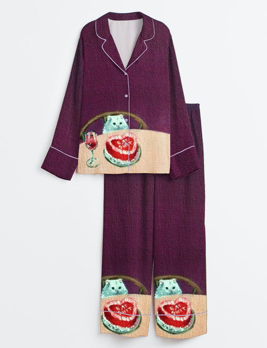 Women’s Cat Eats Cake And Drink Wine Long Sleeve Satin Pajama Set