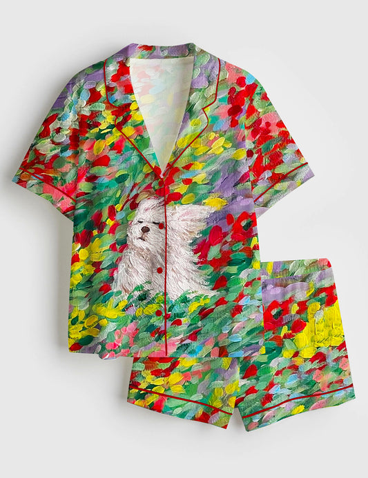 Women’s The Dog In A Colorful Floral Haven Short Sleeve Satin Pajama Set
