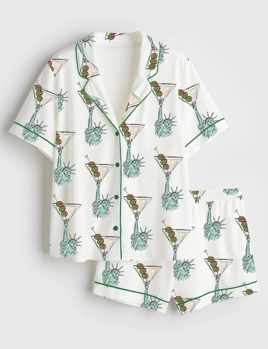 Women’s USA Statue of Liberty Holding Martinis Weenies and Tinis Bachelorette Short Sleeve Satin Pajama Set