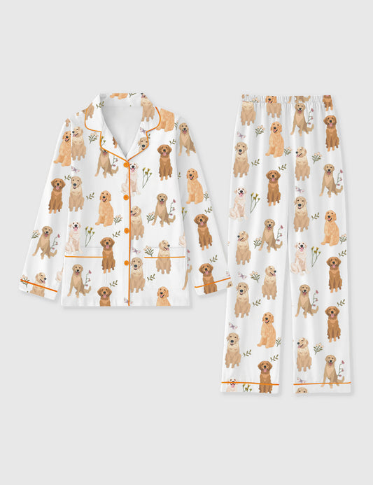 Women's Golden Retriever Cottagecore Long Sleeve Pocket Cotton Pajama Set