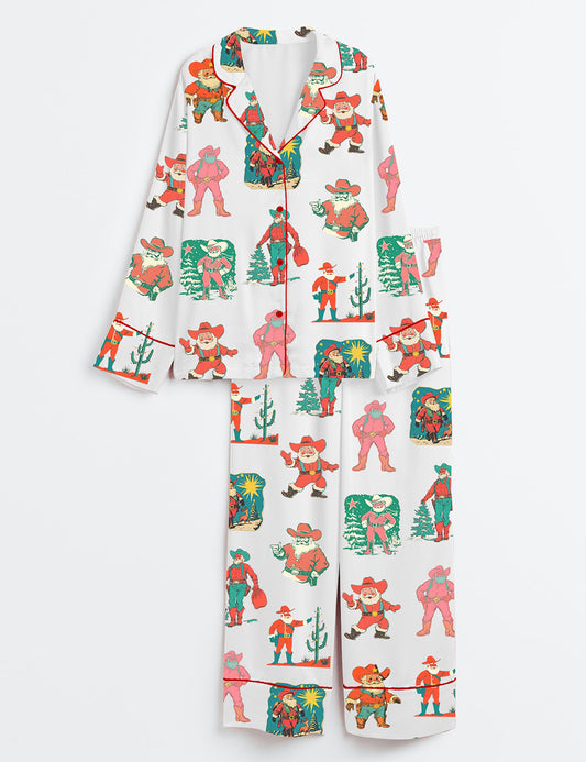 Women’s Western Christmas Santa Long Sleeve Satin Pajama Set