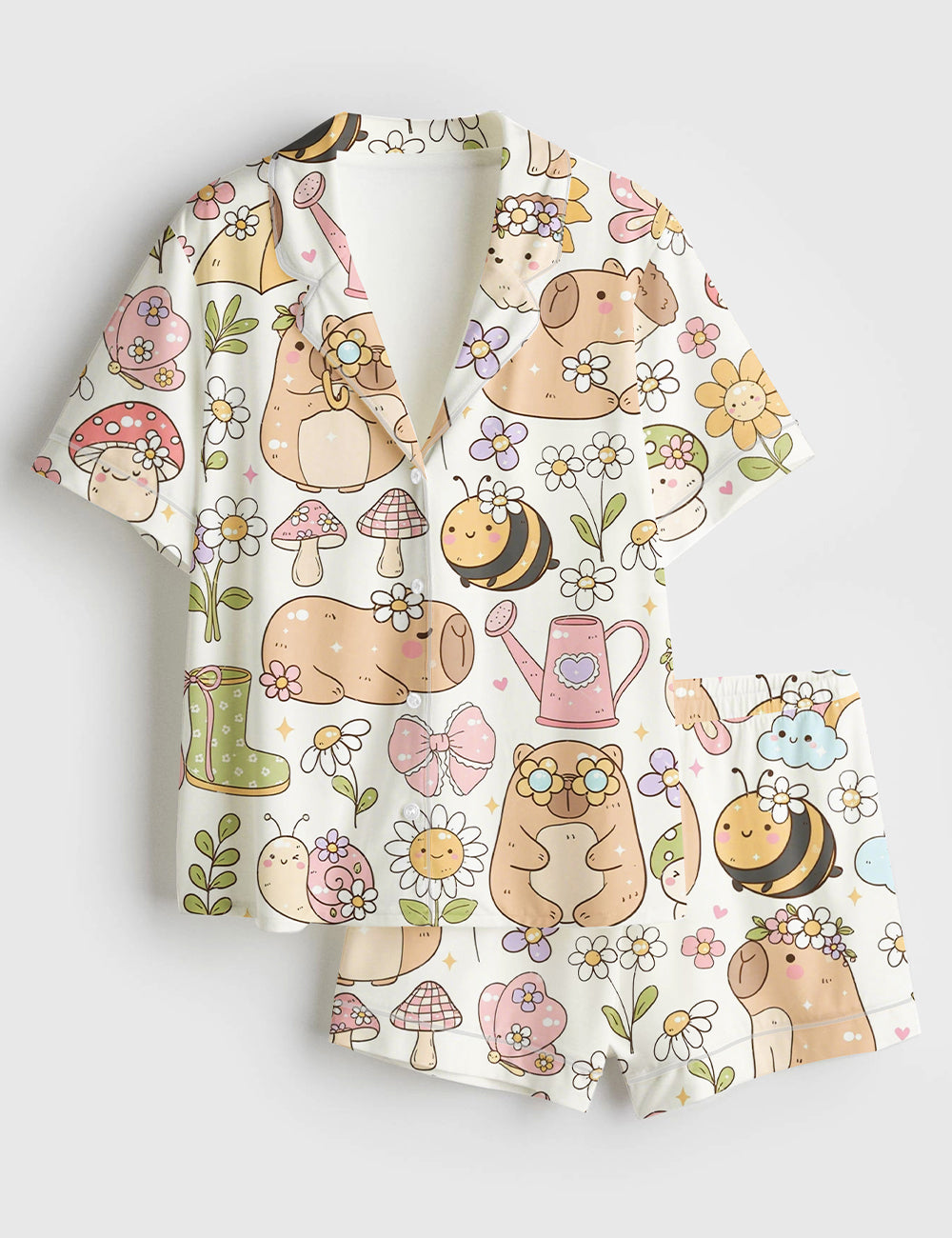 Women’s Garden Flower Hippie Capybara Groovy Capybara Nature Short Sleeve Satin Pajama Set