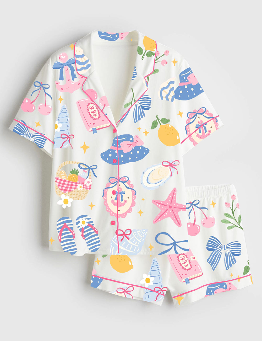 Women’s Coastal Preppy Girl Summer Beach Coquette Girly Summer Beach Ocean Print Short Sleeve Satin Pajama Set