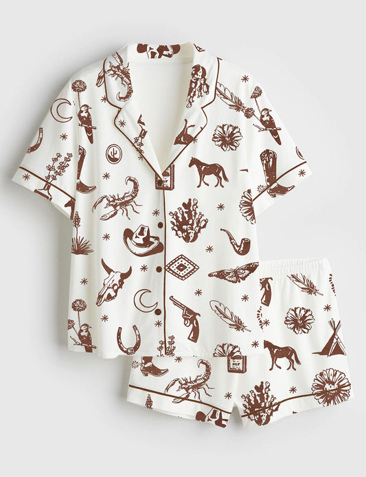 Women’s Bohemian Folktales Western Art Short Sleeve Satin Pajama Set