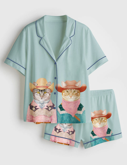 Women’s Rodeo Cats Tabby And Orange Cat Western Short Sleeve Satin Pajama Set