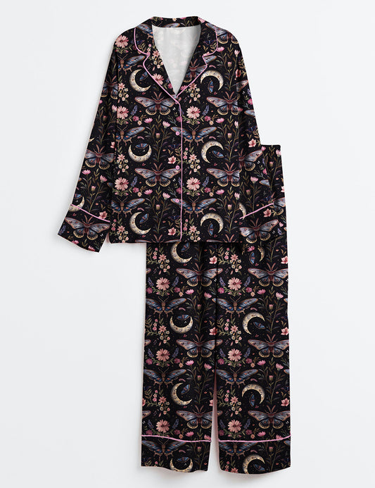 Women’s Night Garden Mystical Moth Magic Witchy Floral Long Sleeve Satin Pajama Set
