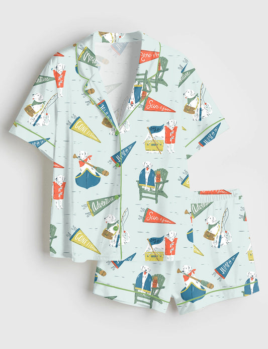 Women’s Lake Life Dog Art Lakeside Summer Art Lake House Fishing Camp Canoeing Short Sleeve Satin Pajama Set