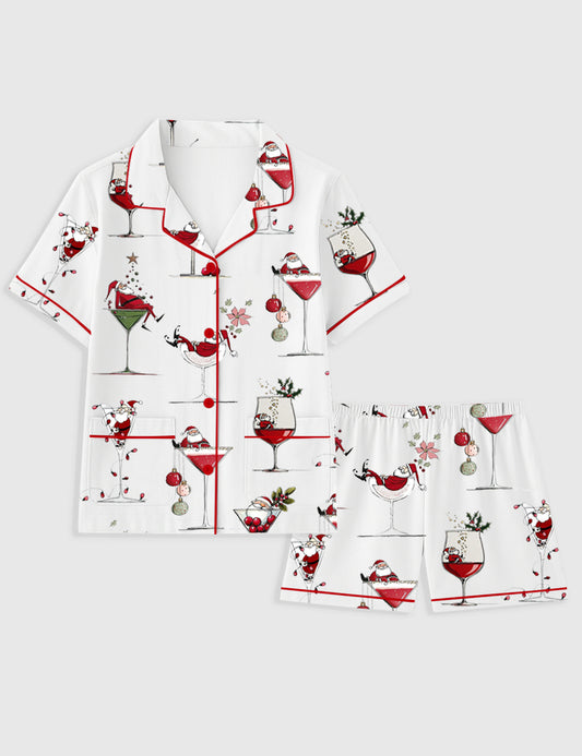 Women's Santa Claus Christmas Cocktail Holiday Short Sleeve Pocket Cotton Pajama Set
