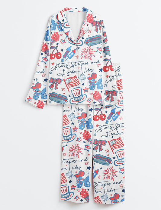 Women’s America Stars Stipes And Freedom Vibes 4th Of July Girly Coquette America Print Long Sleeve Satin Pajama Set