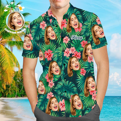 Custom Face Shirt with Text Men's Hawaiian Shirt Red Flowers