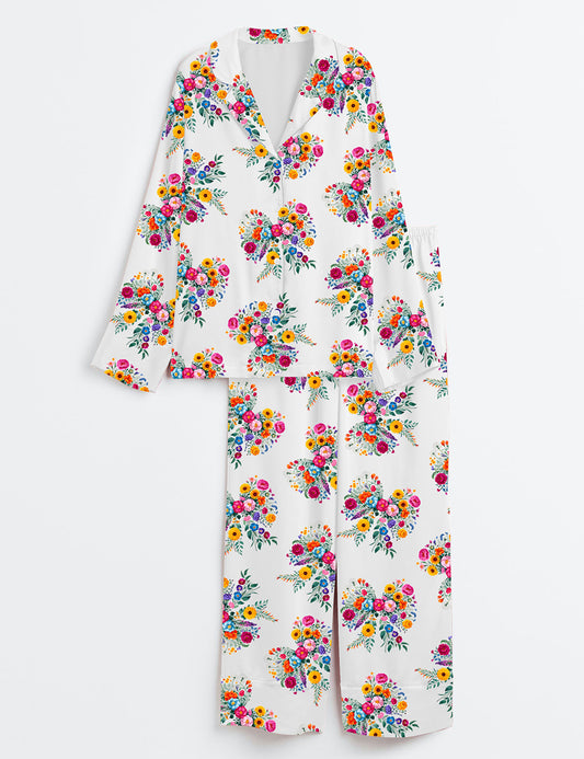 Women’s Wildflower Coquette Bow Flower Bow Floral Spring  Summer SunFlower Print Long Sleeve Satin Pajama Set