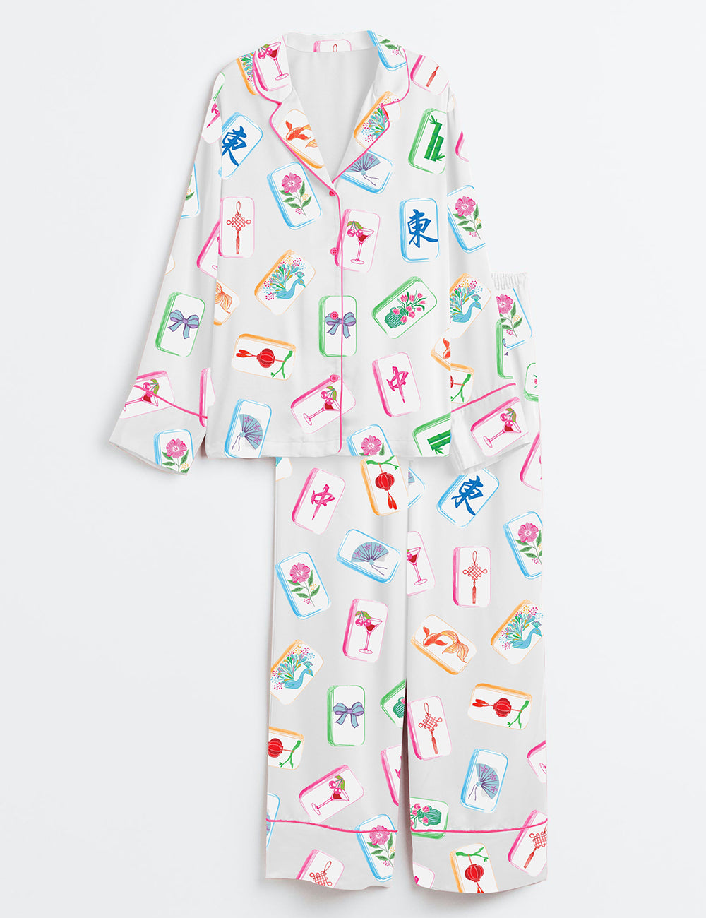 Women’s Watercolor Mahjong Chinoiserie Bird Bam Queen Long Sleeve Satin Pajama Set