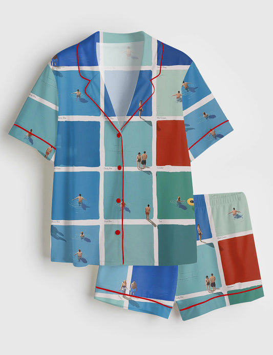 Women’s Surreal Summer Swimmers Art Tiny People Short Sleeve Satin Pajama Set