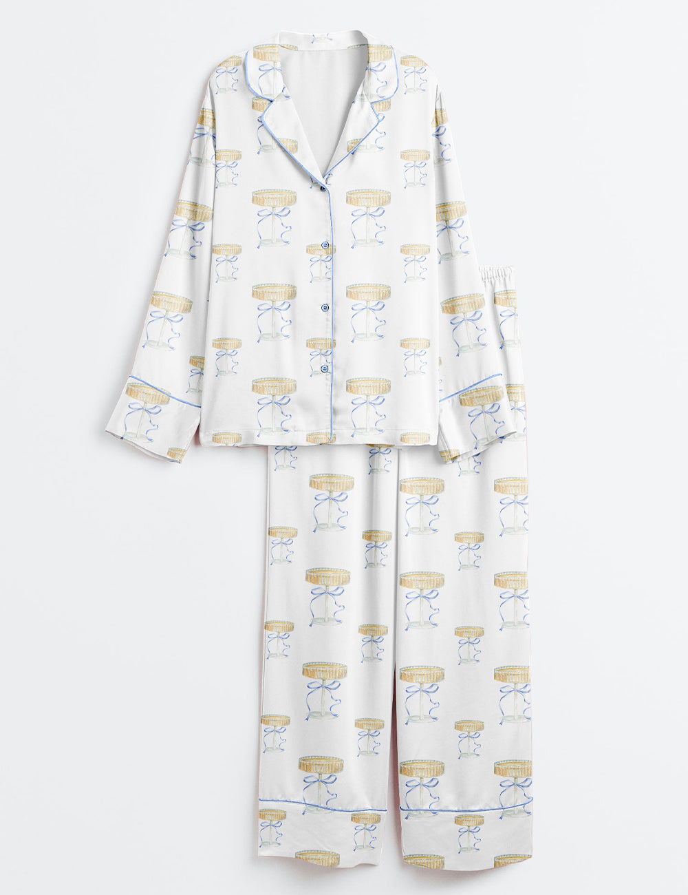 Women’s Elegant Blue Bow And Champagne Long Sleeve Satin Pajama Set