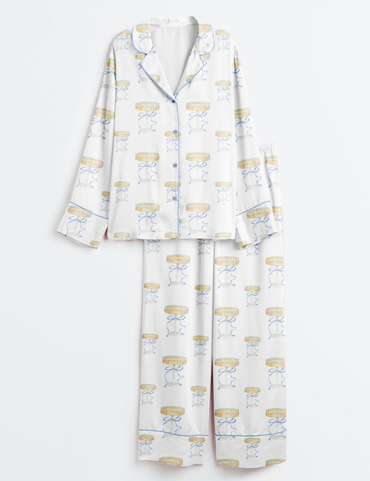 Women’s Elegant Blue Bow And Champagne Long Sleeve Satin Pajama Set