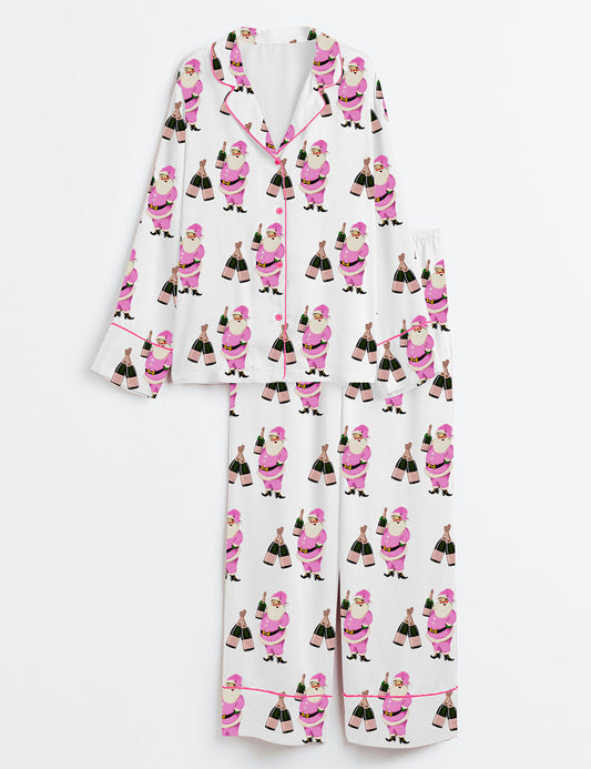 Women's Christmas Santa Long Sleeve Satin Pajama Set