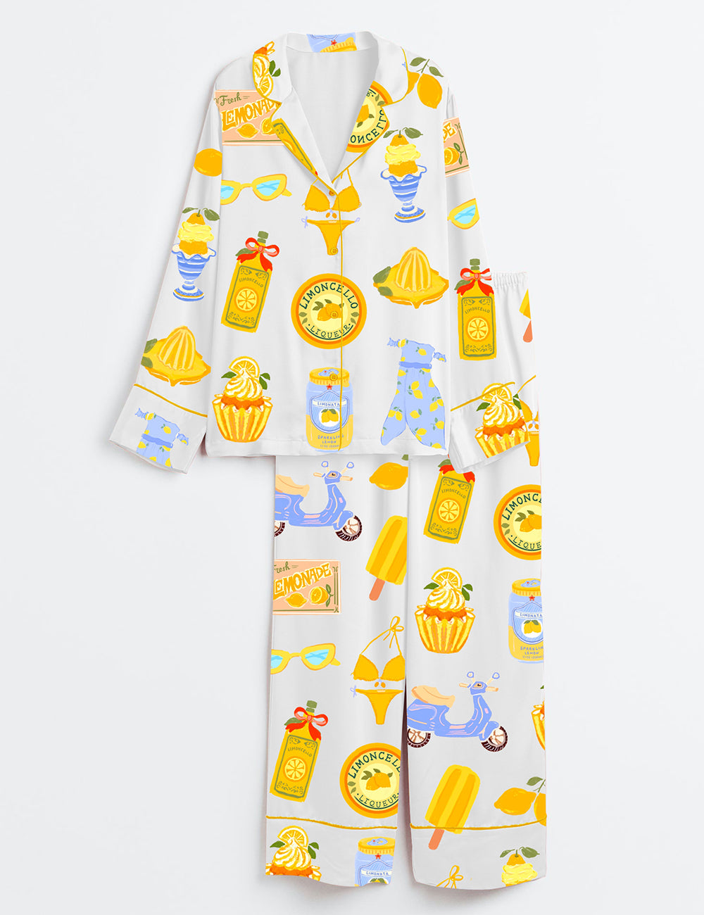 Women’s Lemon Print Summer Travel Art Long Sleeve Satin Pajama Set