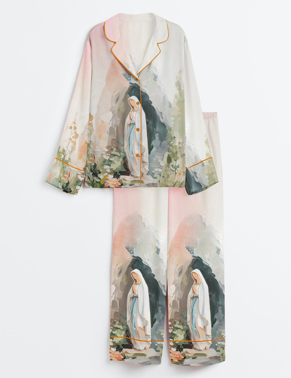 Women’s Our Lady Of Lourdes Jesus Mary Catholic Blessed Mother Long Sleeve Satin Pajama Set