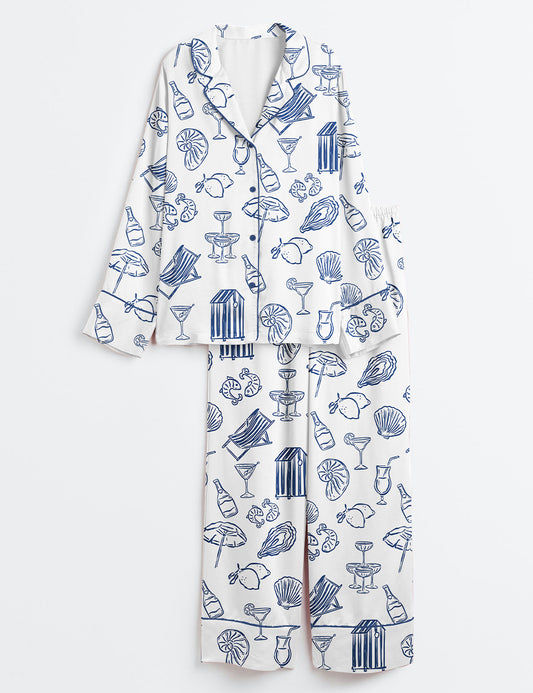 Women’s Hand Drawn Wedding Illustrations In Mediterranean Style Long Sleeve Satin Pajama Set