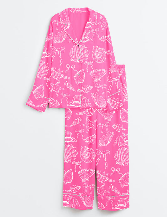 Women’s Coquette Seashell Beach Coastal Summer Vibes Print Long Sleeve Satin Pajama Set