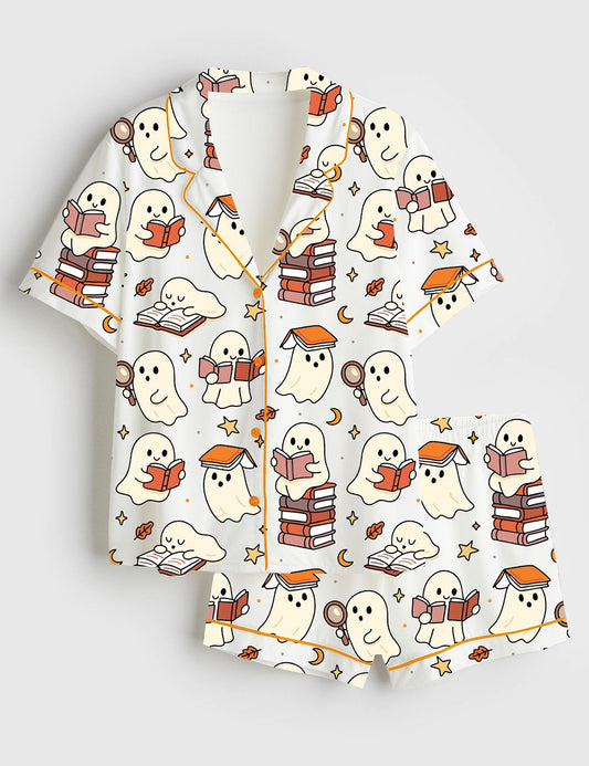 Women’s Cute Reading Ghosts Pumpkin Halloween Bookish Short Sleeve Satin Pajama Set
