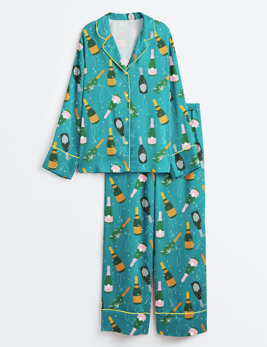 Women's Champagne Bottle Party Long Sleeve Satin Pajama Set