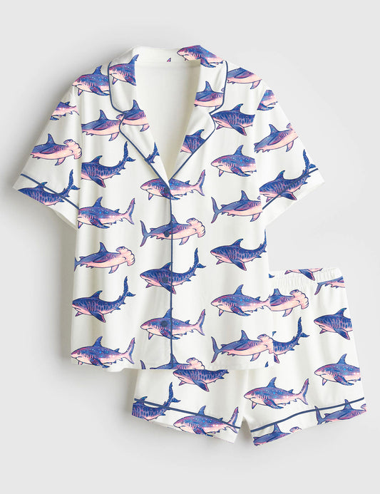 Women’s Shark Tiger Hammerhead Reef Shark Short Sleeve Satin Pajama Set