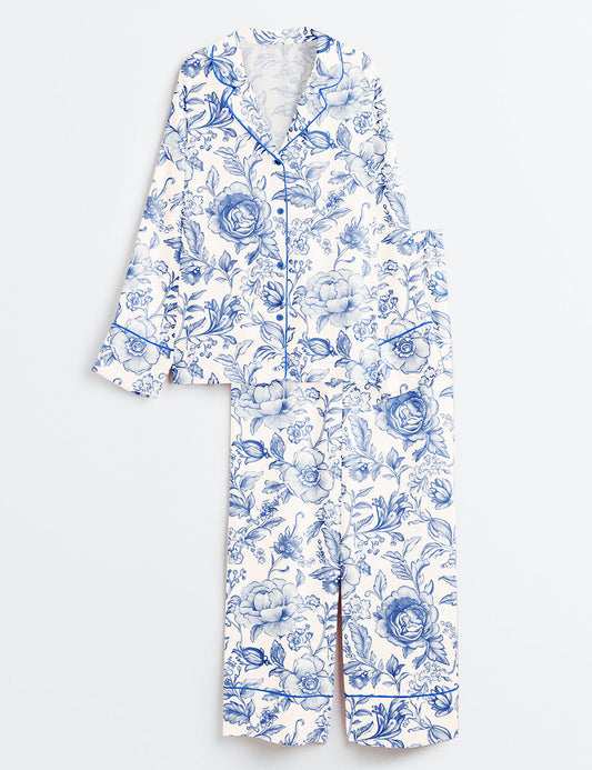 Women's Light Blue and White Floral Pattern Long Sleeve Satin Pajama Set