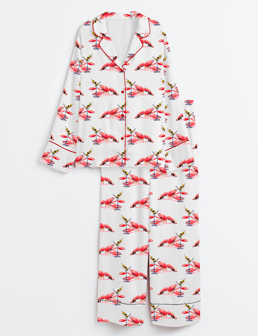 Women’s Lobster Martini Coastal Beach Long Sleeve Satin Pajama Set