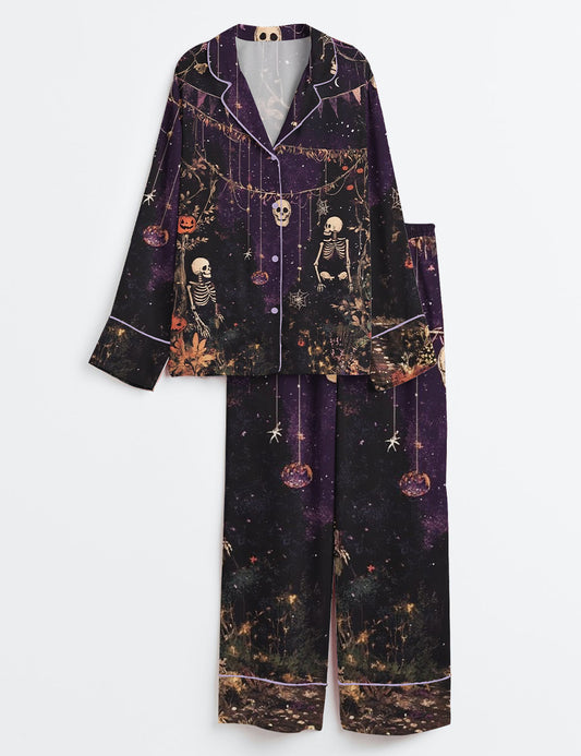 Women’s Pumpkin Skeleton Horror Scene Spooky Season Halloween Long Sleeve Satin Pajama Set