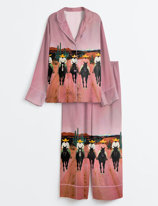 Women’s Southwestern Cowboys Colorful Abstract Western Horse Modern Country Cowboy Print Long Sleeve Satin Pajama Set