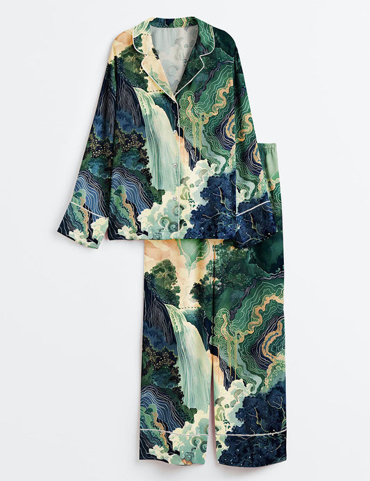 Women's Hokusai Ukiyo-e Japanese Waterfall Long Sleeve Satin Pajama Set