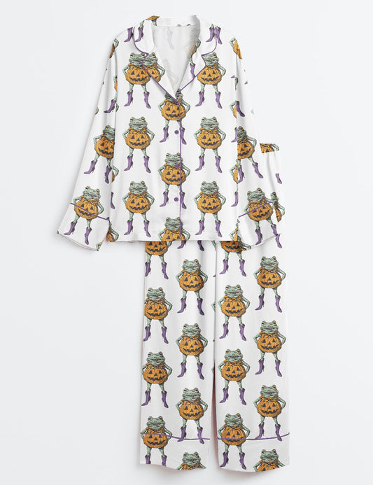 Women’s Frog In Pumpkin Costume Halloween Long Sleeve Satin Pajama Set