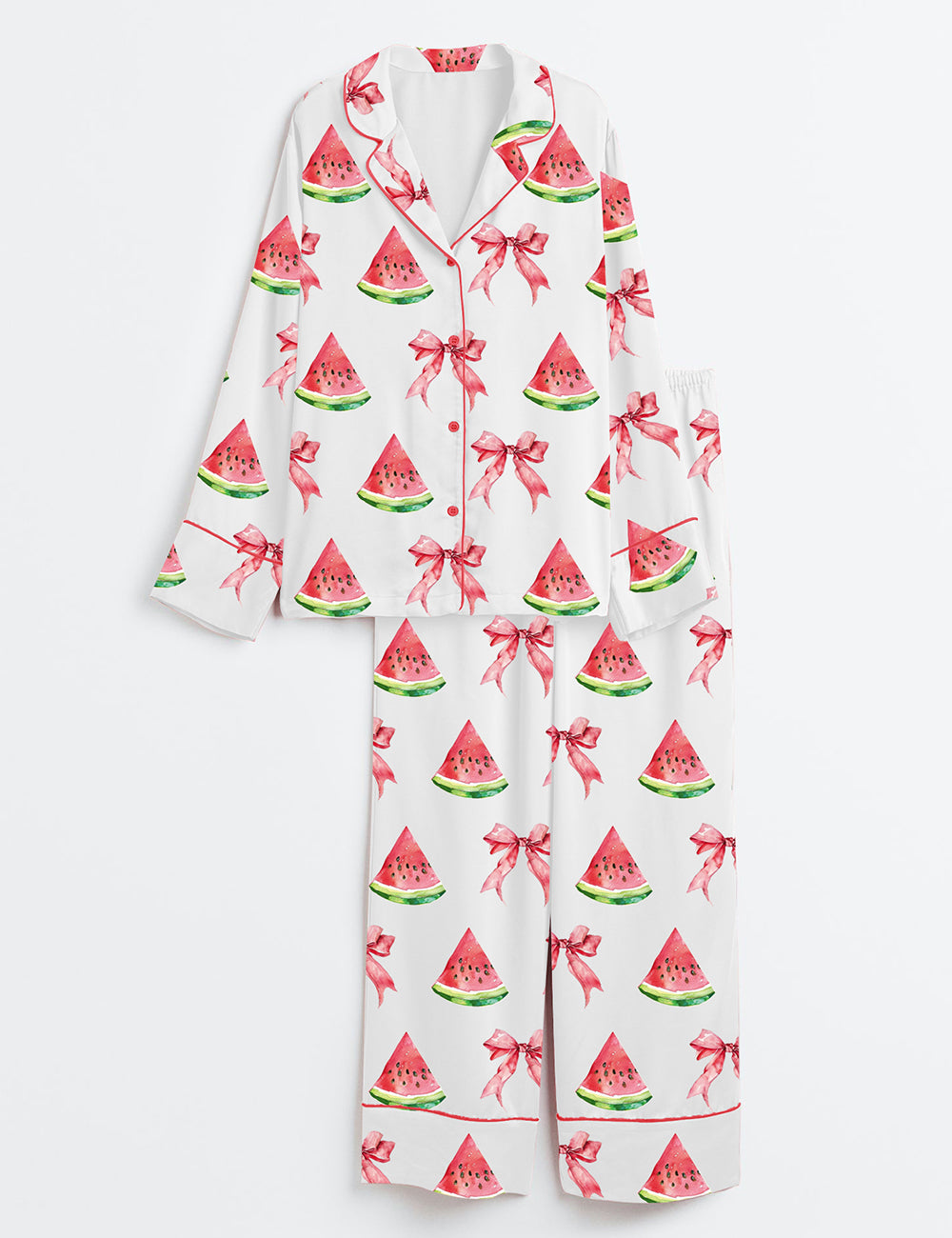 Women’s Coquette Watermelon Trendy Summer Beach Babe Long Sleeve Satin Pajama Set