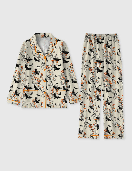 Women's Halloween Bat Long Sleeve Pocket Cotton Pajama Set