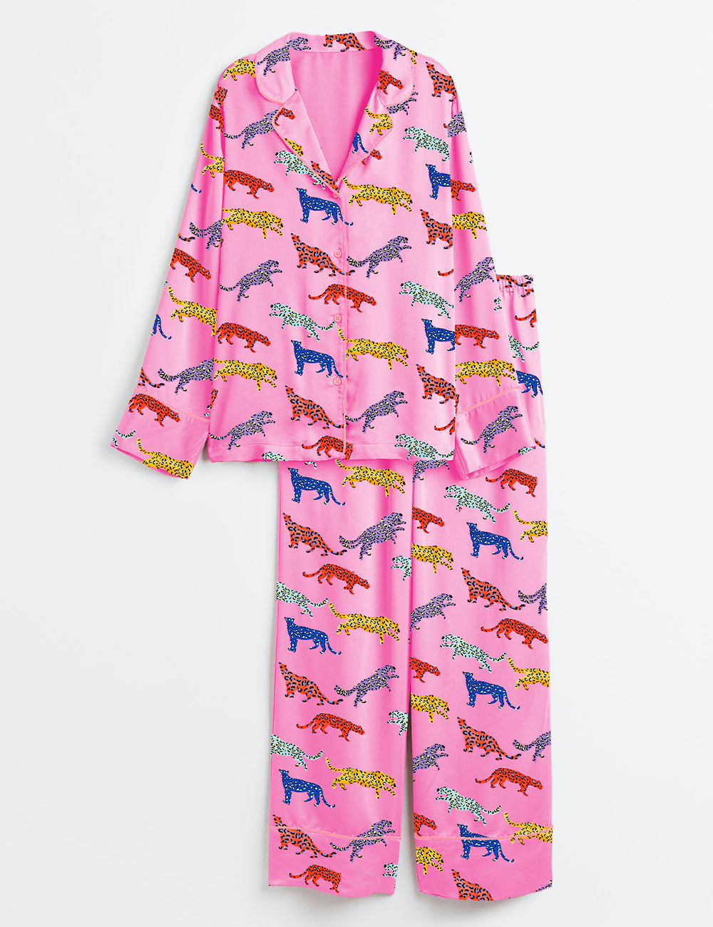 Women's Pink Cheetah Print Long Sleeve Satin Pajama Set